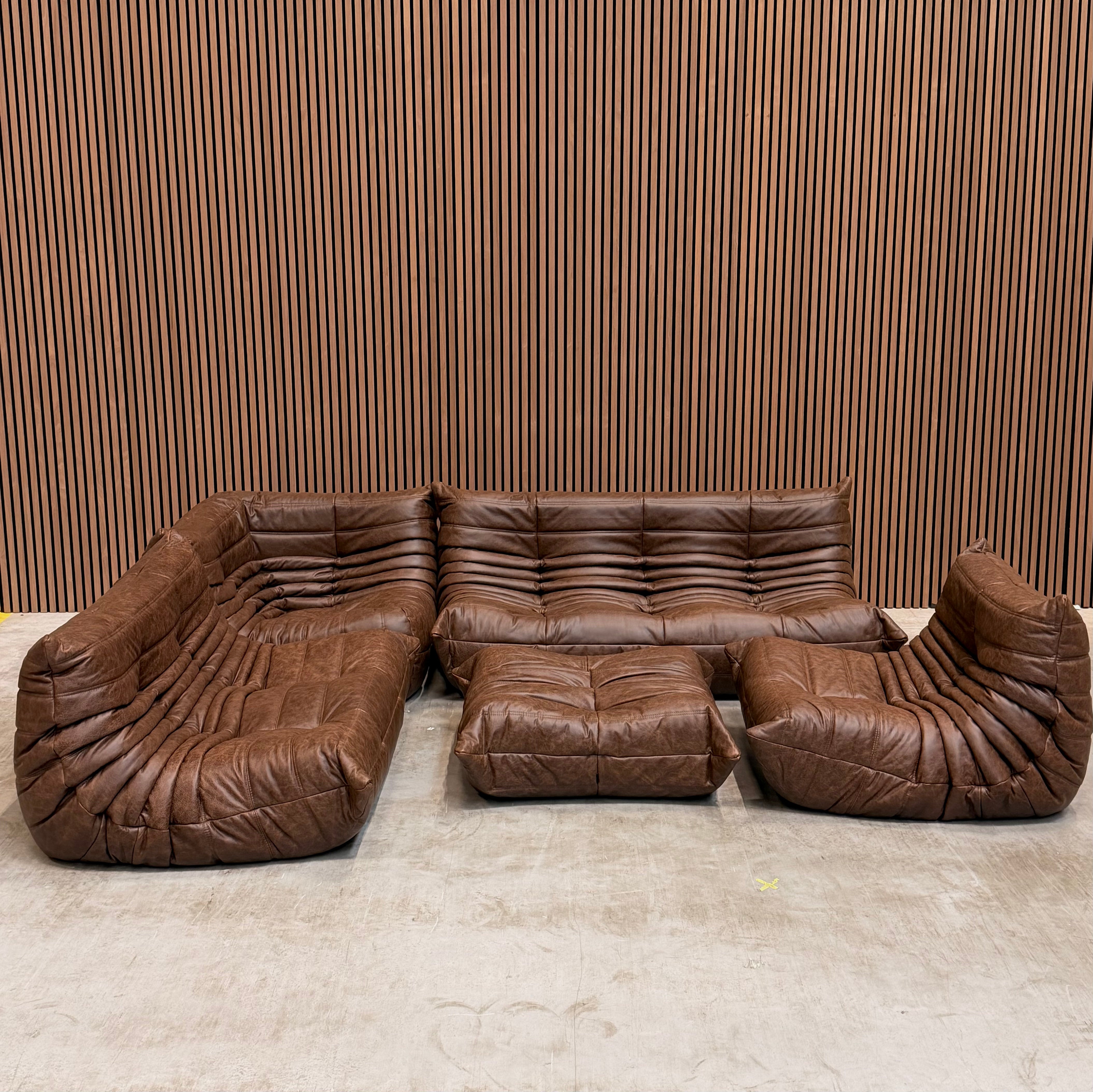 Ligne Roset Togo 5-Piece Modular Set – Full Aniline Mocha Leather (