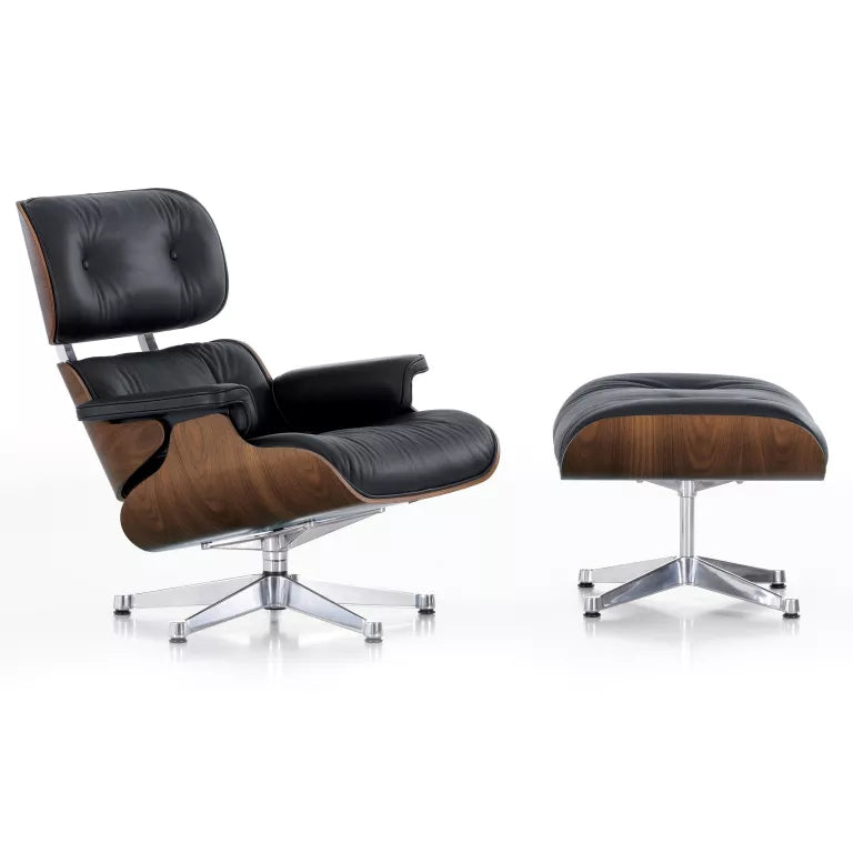 Vitra Eames Lounge chair with Ottoman armchair, walnut wood Leather